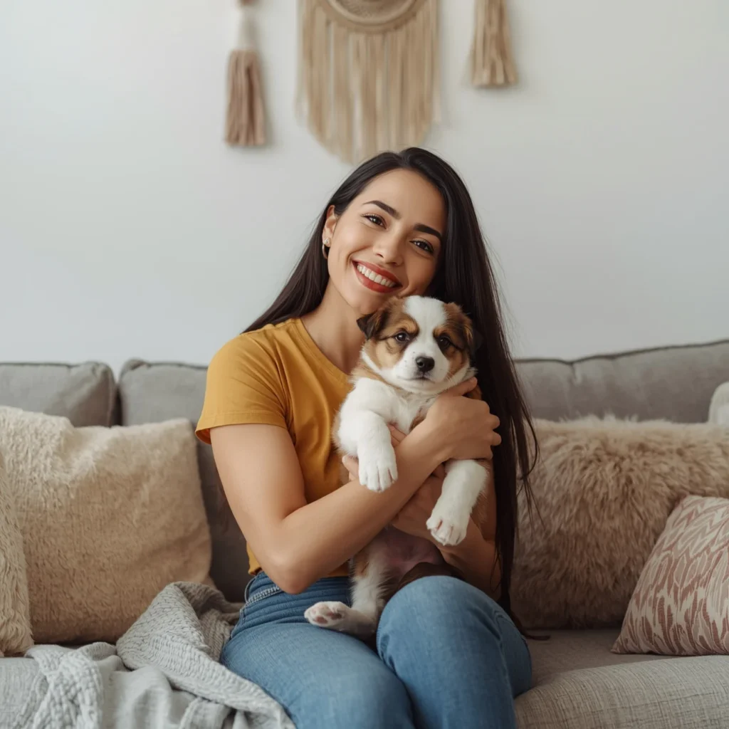 Melissa Is The Main Operator Of This Website, Responsible For Writing And Publishing Content. This Photo Was Taken At Her Home, Where She Is Sitting On The Sofa And Holding A Puppy With A Smile